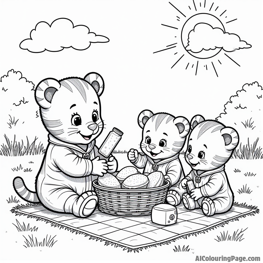 Daniel Tiger and his friends having a picnic with a checkered blanket, sandwiches, and juice boxes under a sunny sky.