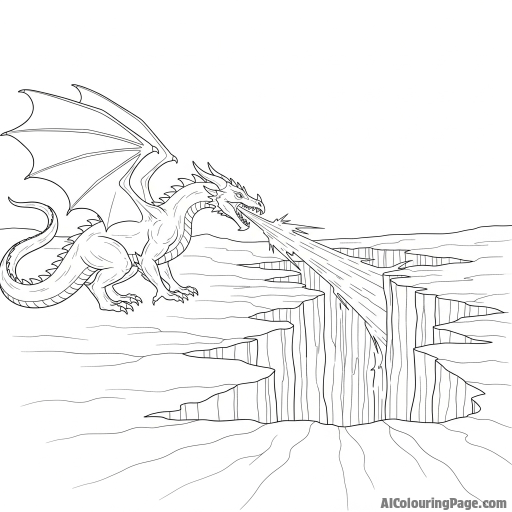 A powerful dragon creating a canyon with a single blast of its breath.