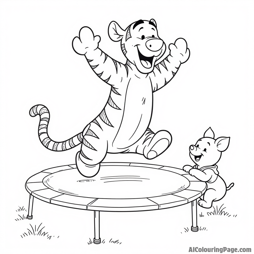 Tigger bouncing on a trampoline, with a big smile on his face, while Pooh and Piglet cheer him on.