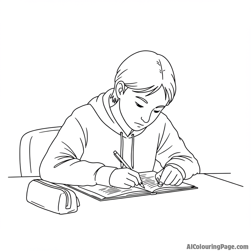 A student hunched over a desk late at night, focused on their homework.