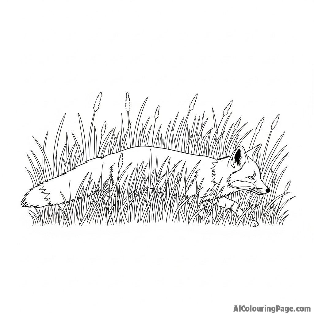 A fox stalking through tall, dry grass, its body low to the ground.