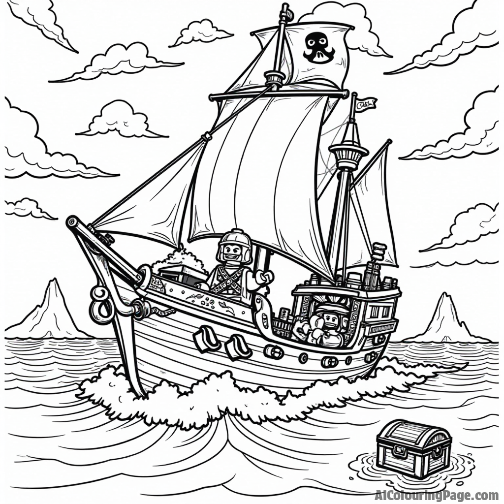 A Lego Ninjago pirate ship sailing through stormy seas, with waves crashing and a treasure chest visible, creating a thrilling scene for kids to color and explore their creativity.