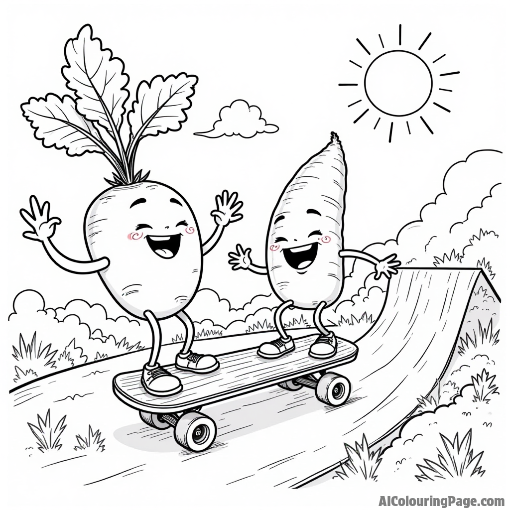 A cool vegetable skateboard park with radishes and carrots performing tricks and having fun together.