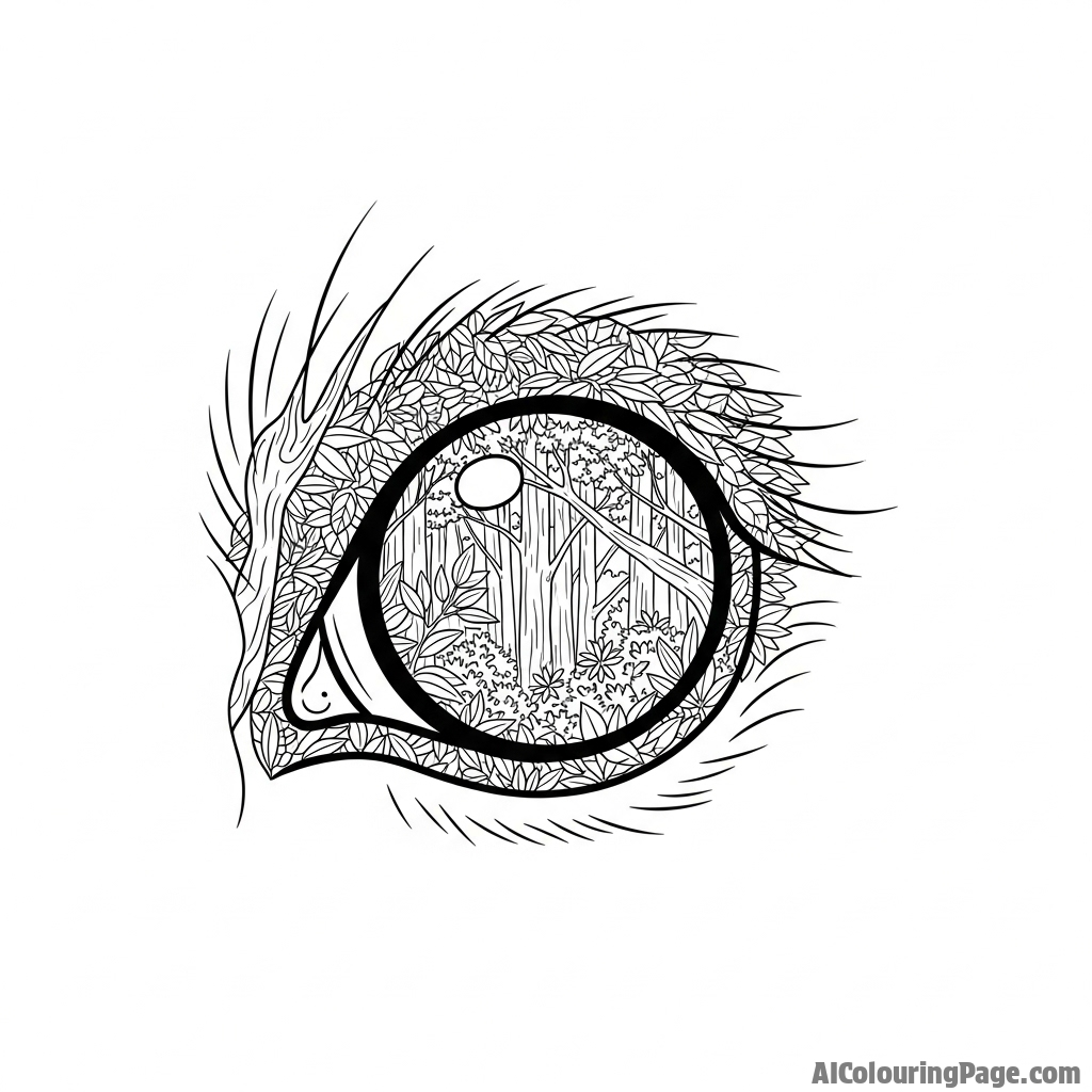 The reflection of a dense forest canopy in a koala's dark, liquid eye.