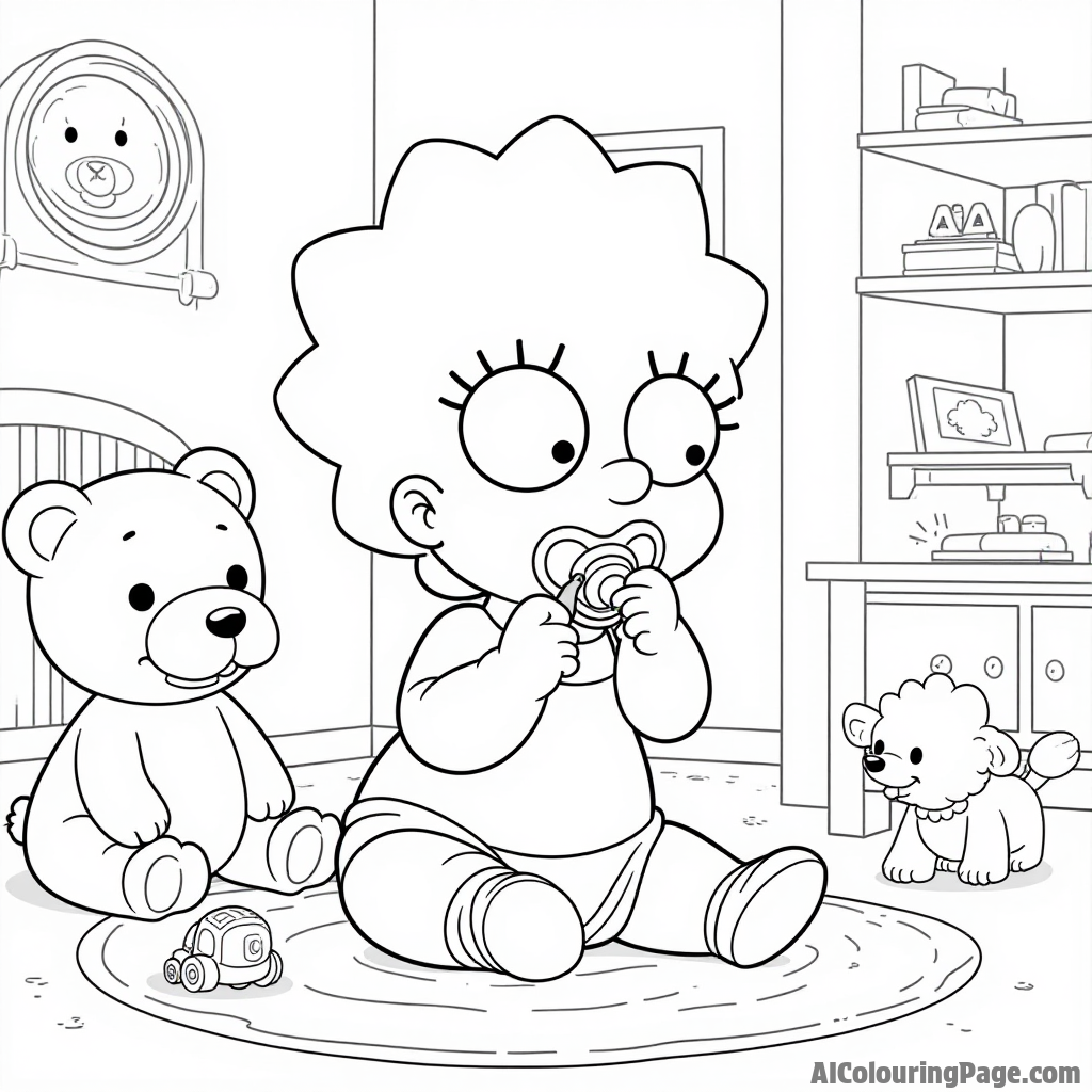 Maggie Simpson sucking on her pacifier while surrounded by playful toys and a teddy bear in a cheerful nursery.