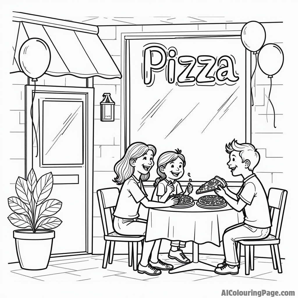 A cozy pizza restaurant scene with happy families eating pizza at tables, balloons, and a big pizza sign outside the window.