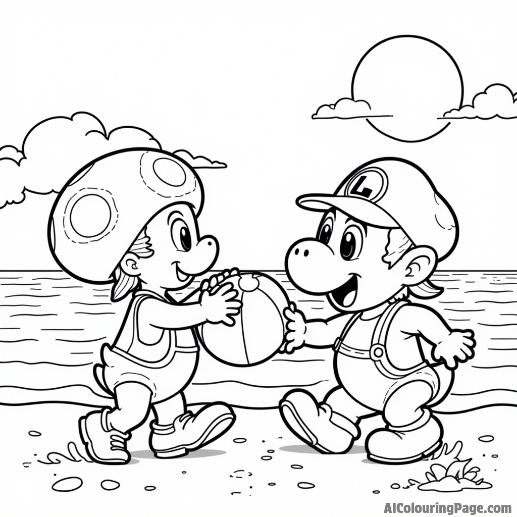 Toad and Yoshi playing catch with a colorful beach ball by the sunny seaside.