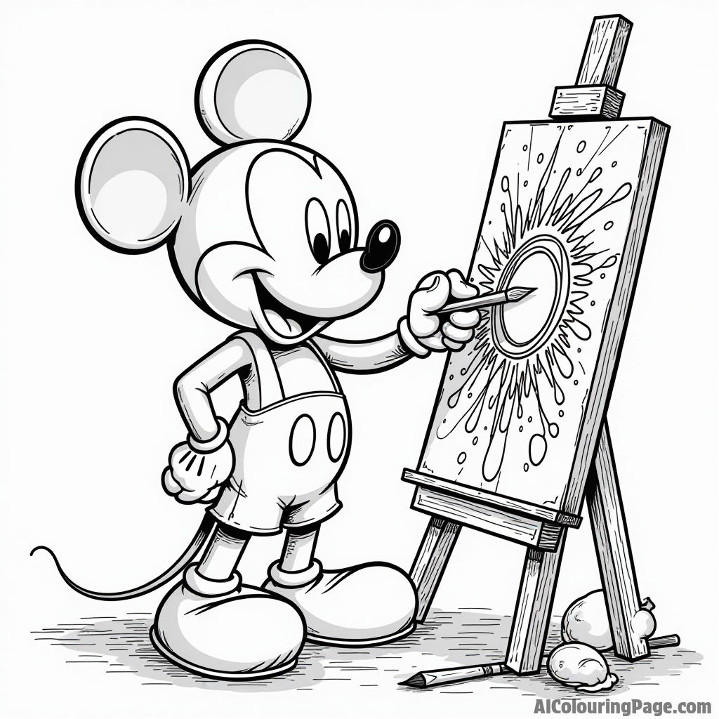 Mickey Mouse painting a canvas, surrounded by paintbrushes and vibrant splashes of color in an art studio.