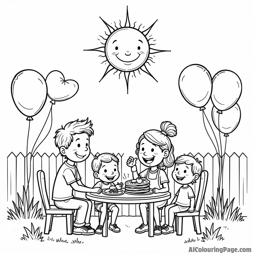 A smiling cartoon sun shining down on a family having a pancake breakfast in their backyard with balloons