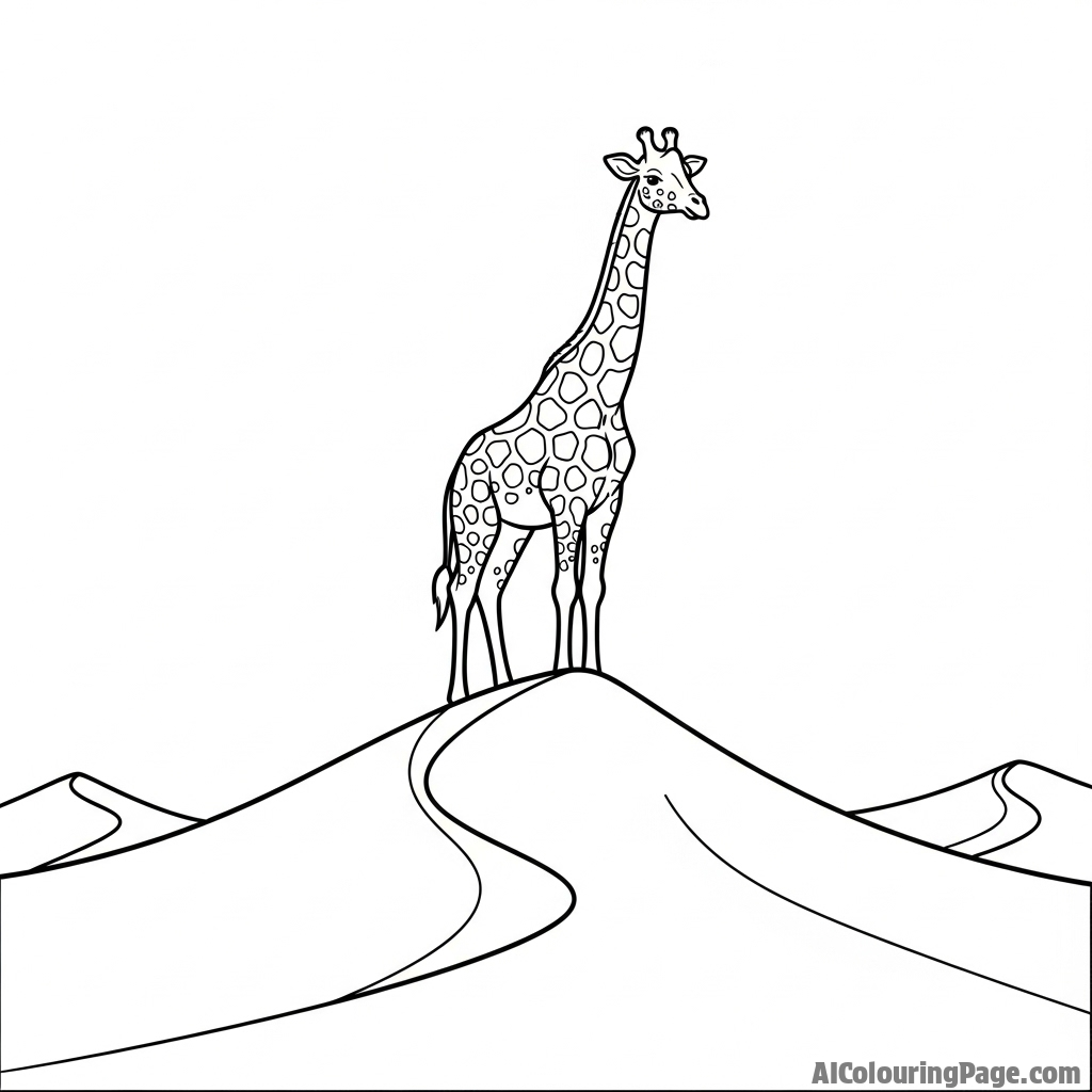 A majestic giraffe standing alone atop a high dune in a vast sand desert.