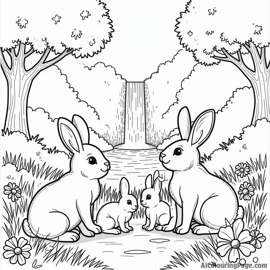 A tranquil forest scene featuring a family of rabbits, a patch of daisies, and a sparkling waterfall in the background.