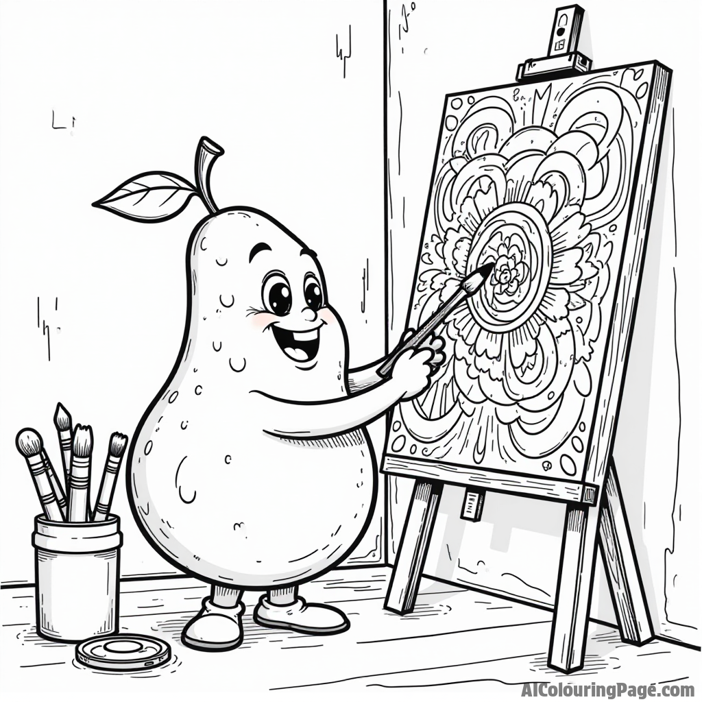 A cheerful pear character painting a colorful mural on a wall, surrounded by art supplies, perfect for young artists to color.