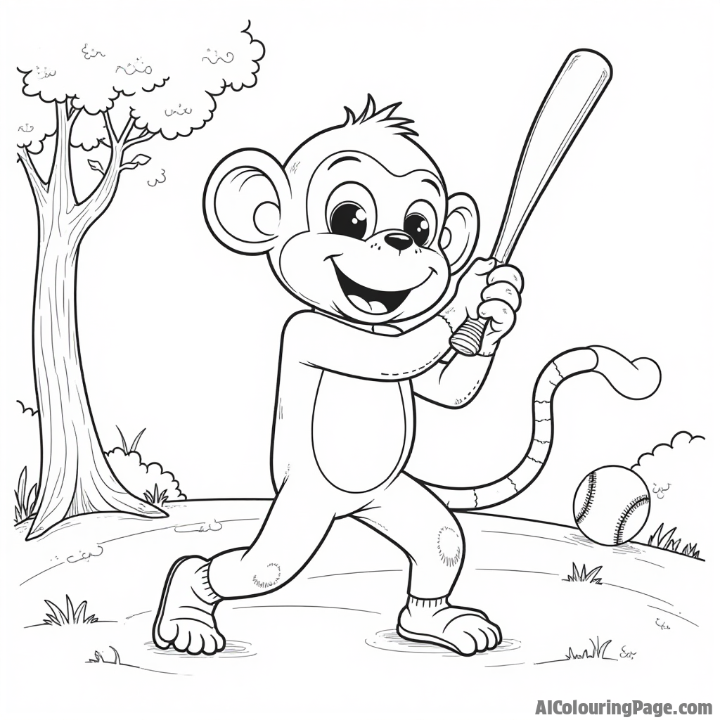 A playful monkey swinging a baseball bat, a banana-shaped baseball, and a tree in the background, all outlined for kids to color a fun and silly baseball scene.