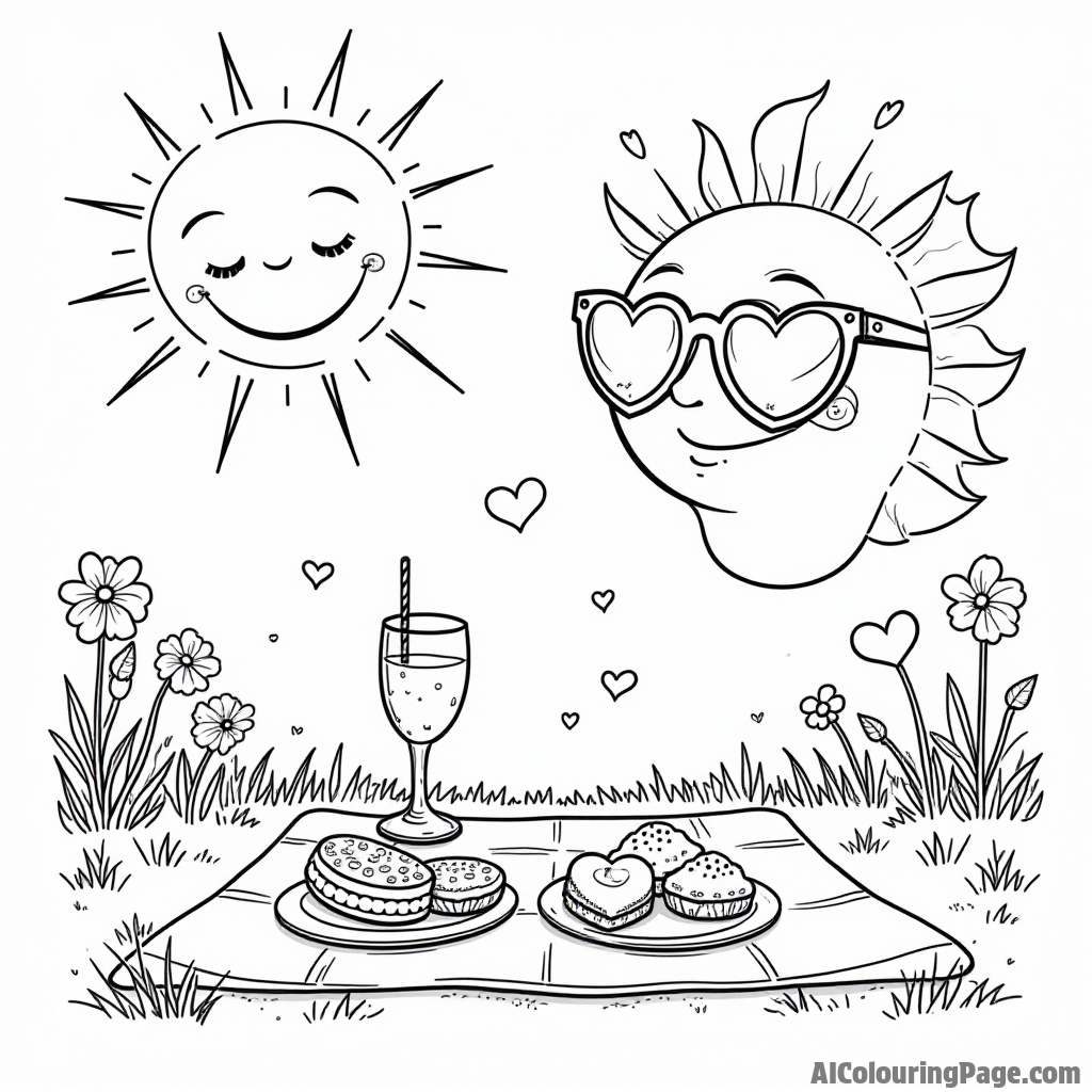 A smiling sun wearing heart-shaped sunglasses shining down on a picnic scene with a blanket and treats for Valentine’s Day