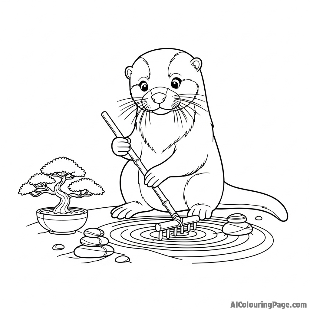 An otter in a zen garden, raking patterns into the sand with a tiny rake.