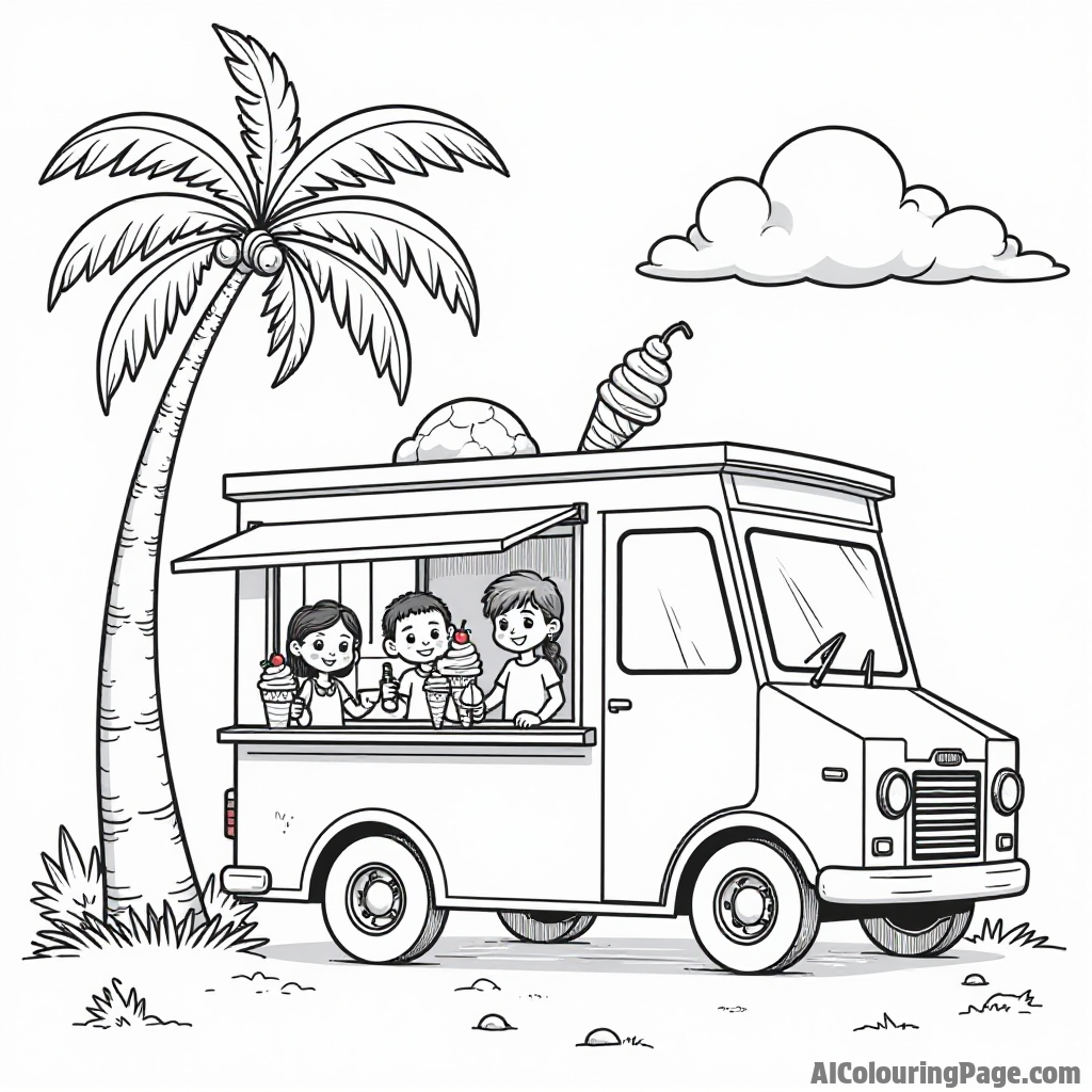 A happy ice cream truck parked under a palm tree with children enjoying ice cream cones on a sunny day.