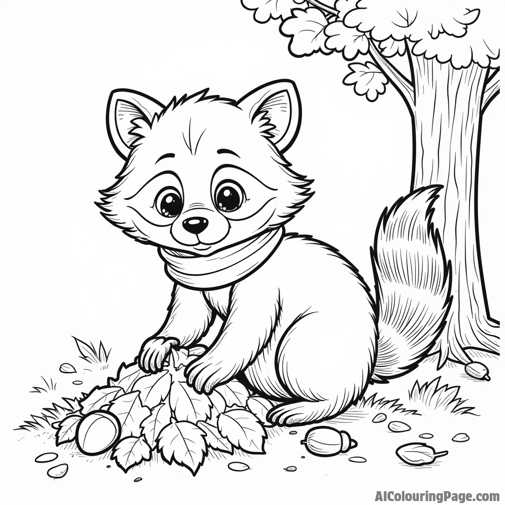 A playful raccoon wearing a scarf, exploring a pile of fallen leaves, with acorns scattered around and a tree nearby.