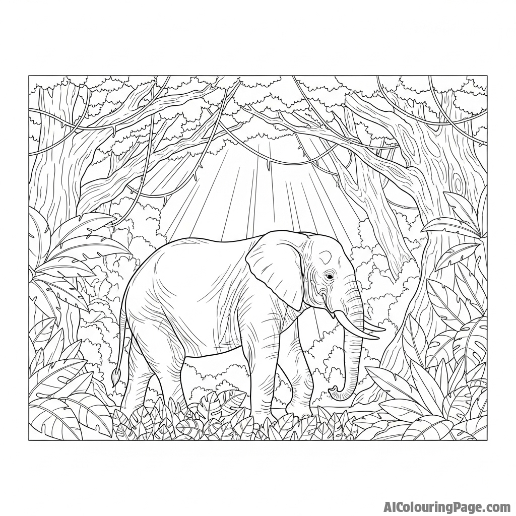 An elephant walking through a dense, ancient jungle, shafts of light breaking through the canopy.