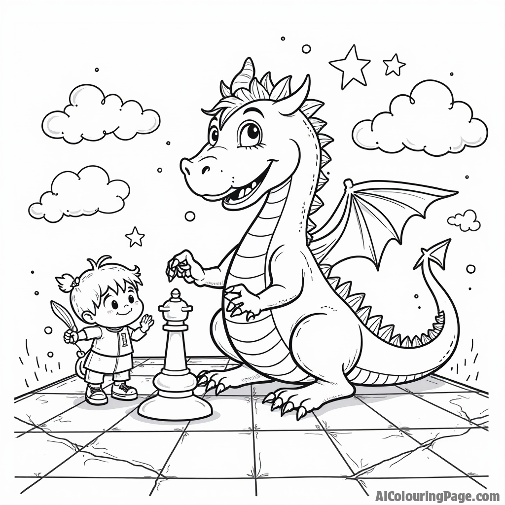 A friendly dragon chess piece playing with children on a giant chessboard, surrounded by whimsical clouds and stars, inspiring creativity and fun in a magical coloring adventure.