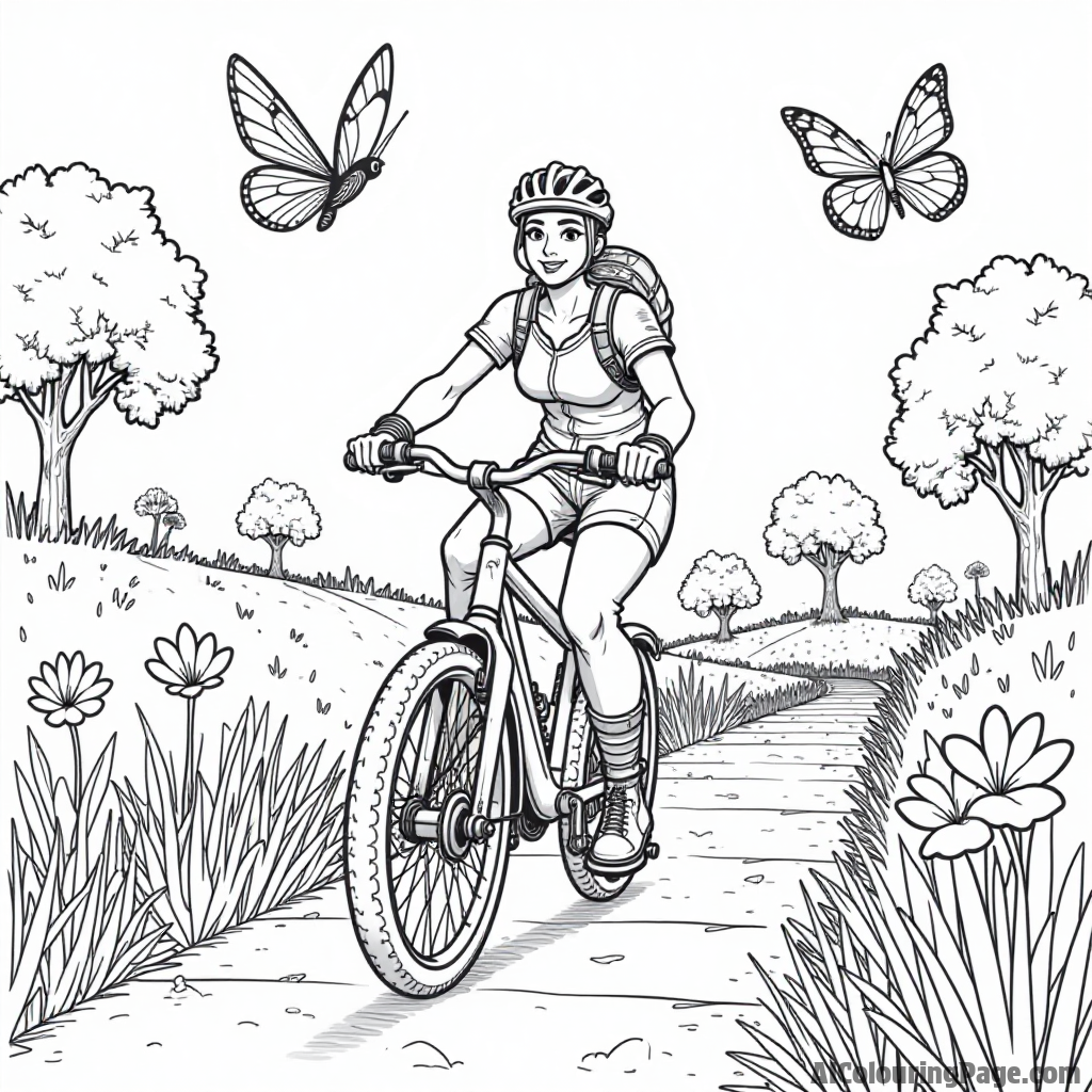 A Fortnite character riding a bicycle down a sunny path with flowers and butterflies fluttering around for kids to color