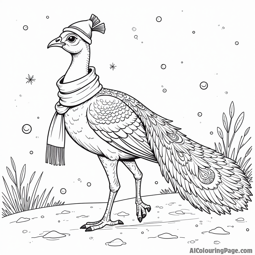 A peacock wearing a scarf and hat, walking through a snowy landscape with snowflakes gently falling around it