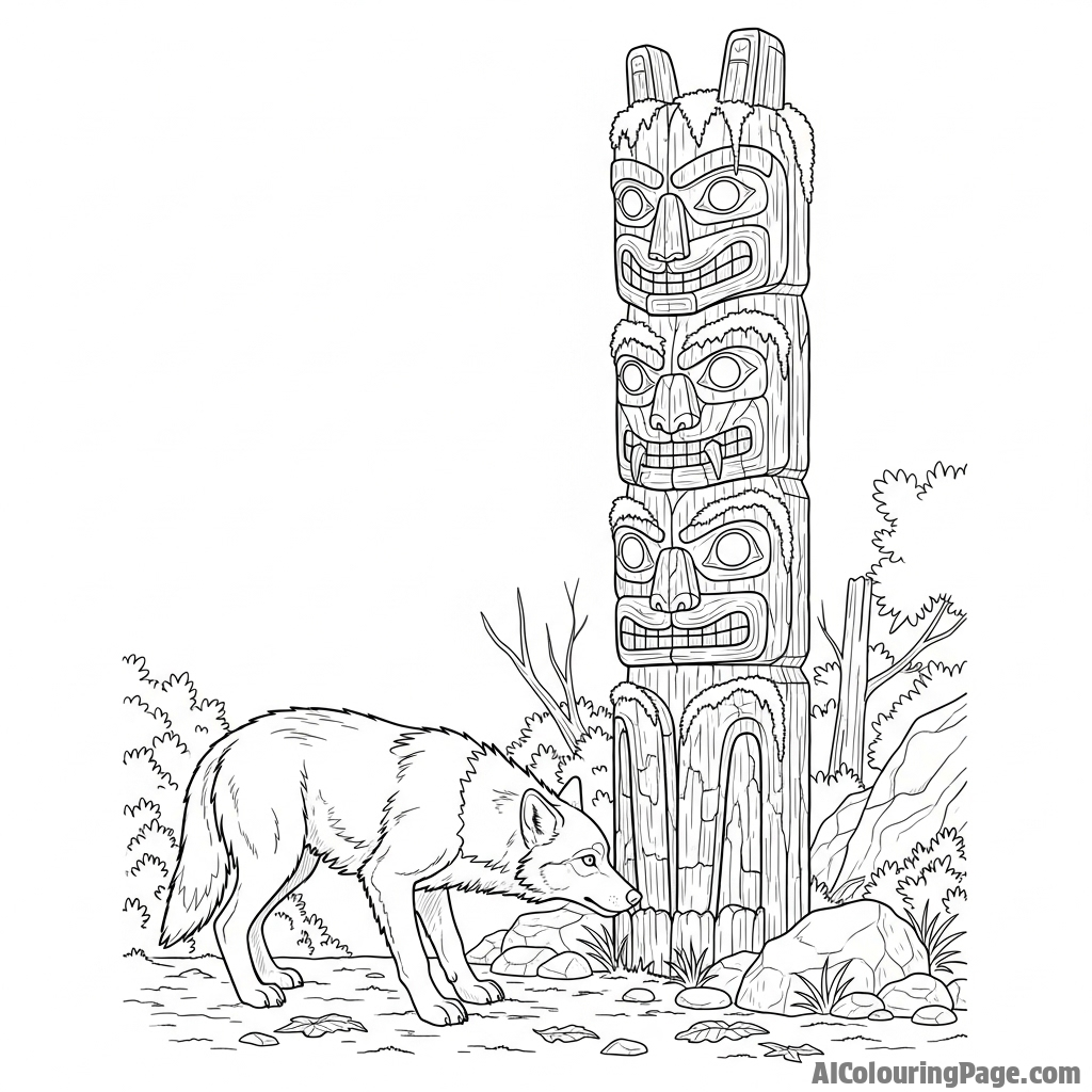 A curious wolf sniffing at an ancient, moss-covered totem pole in a forgotten part of the woods.
