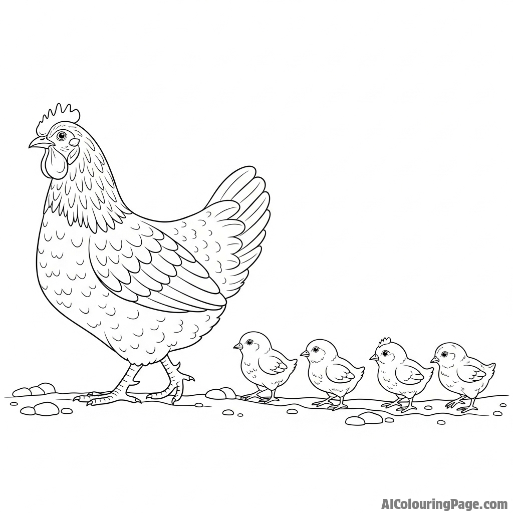 A proud hen leading a line of her chicks across a dusty path.