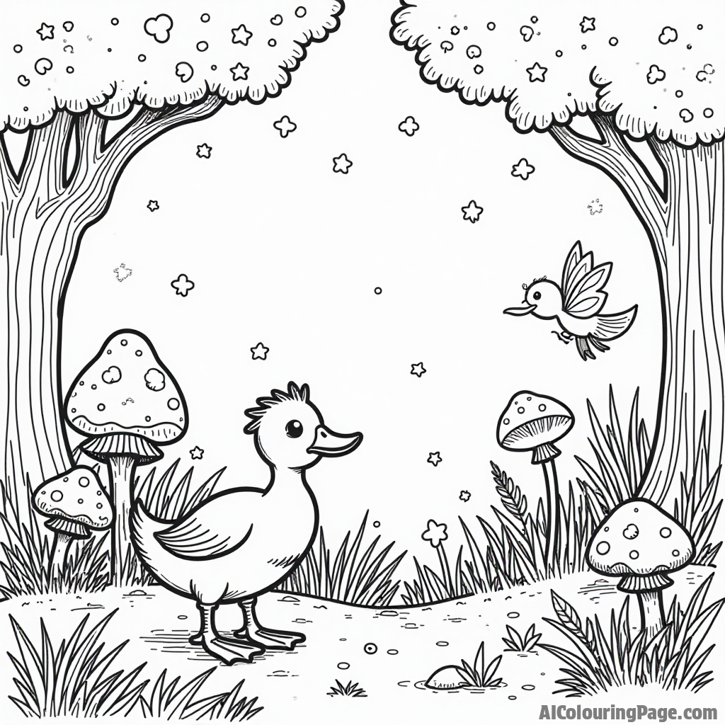 A duck exploring a magical forest with mushrooms, fairies, and sparkles in the air all around it.