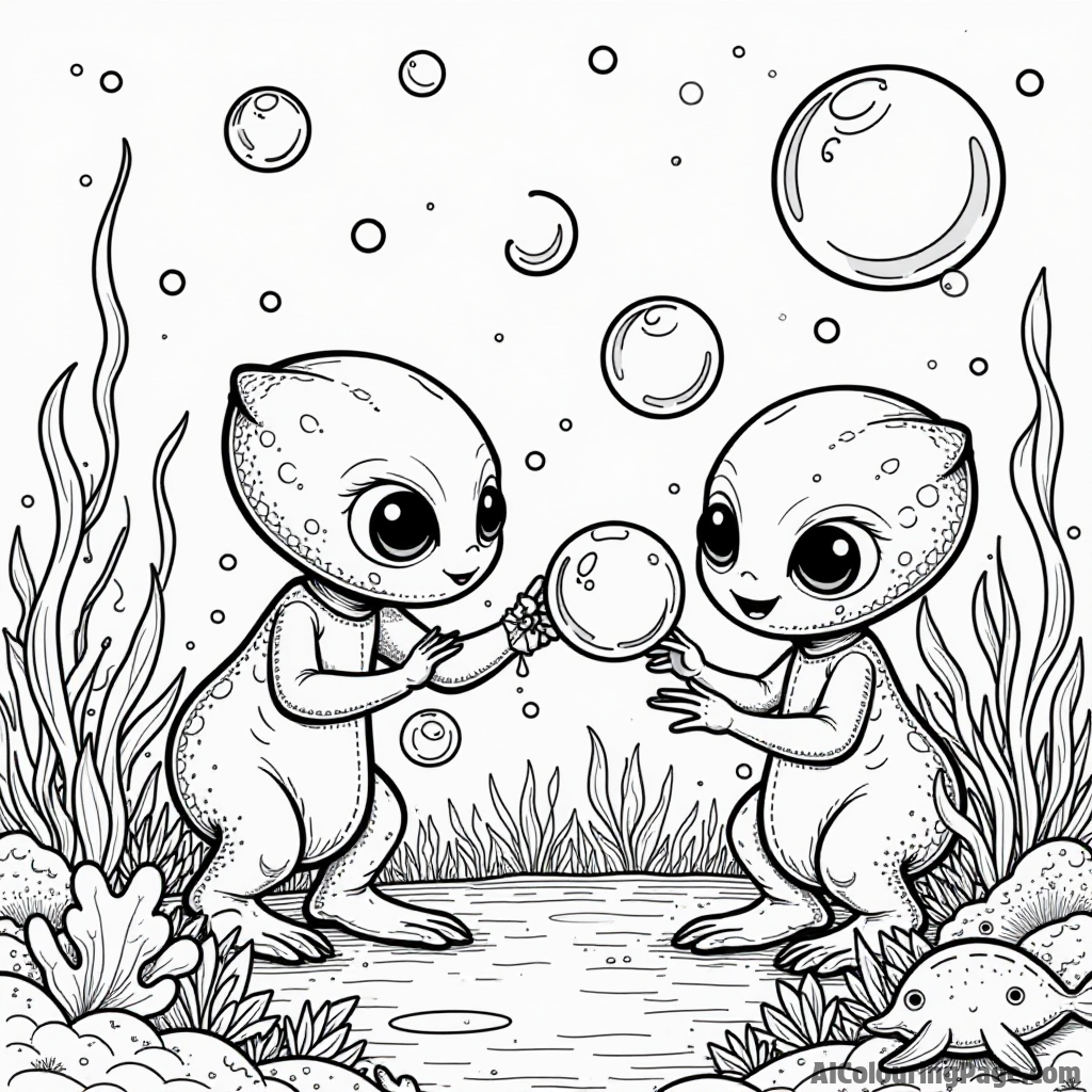 A group of aliens having a bubble party in a colorful underwater scene with playful sea creatures, perfect for coloring.