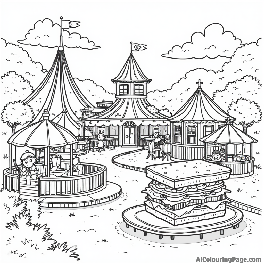 A sandwich themed amusement park with rides shaped like sandwiches, kids having fun and enjoying the day.