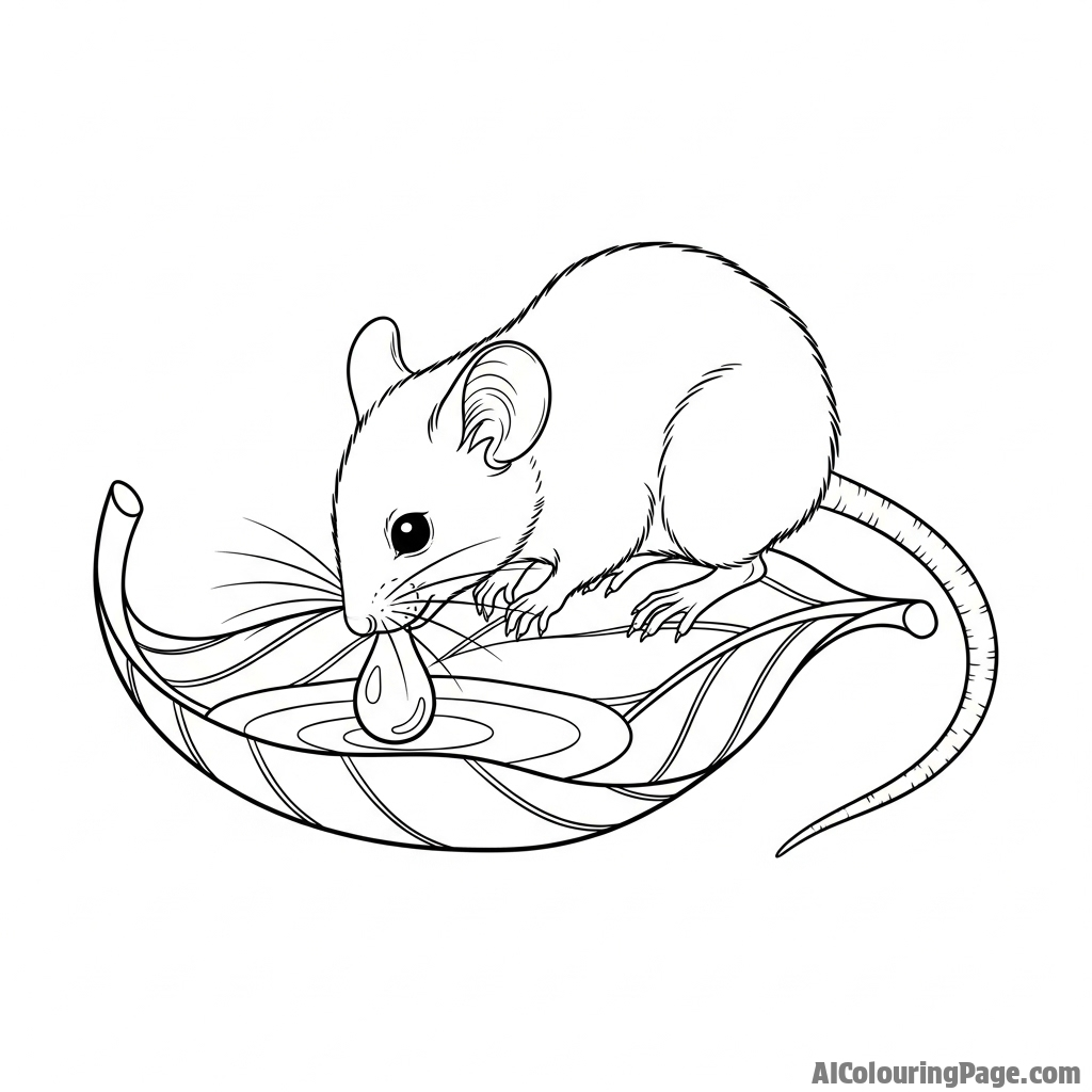 A tranquil image of a mouse drinking a drop of water from a curled leaf.
