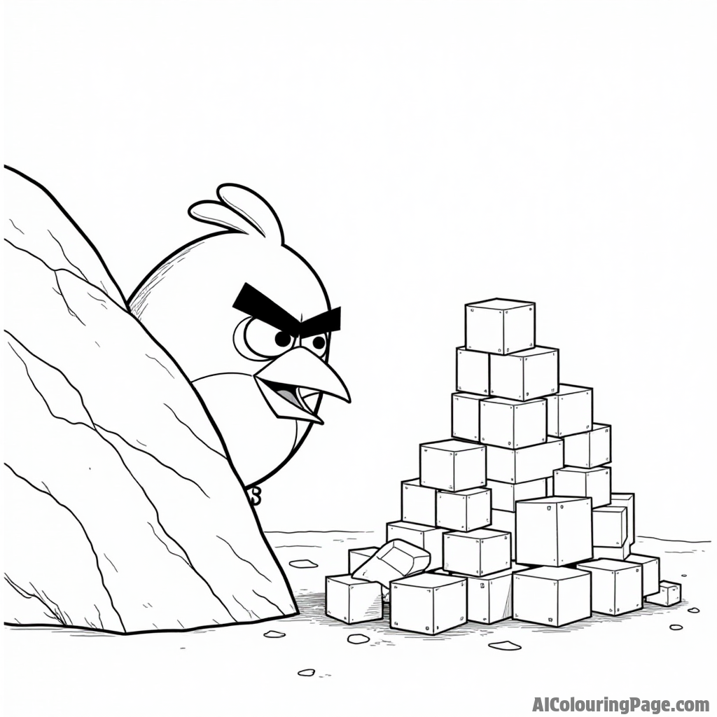 An angry bird peeking out from behind a rock, watching as a pig tries to build a castle out of blocks