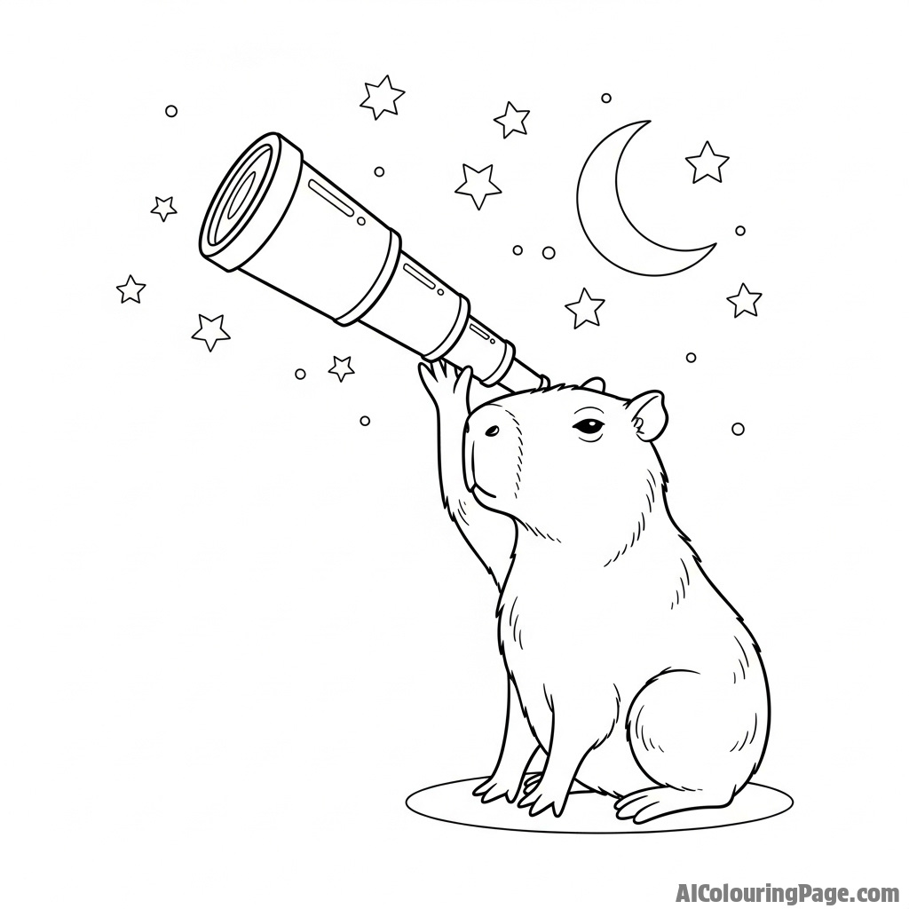 A capybara looking through a telescope at the night sky.