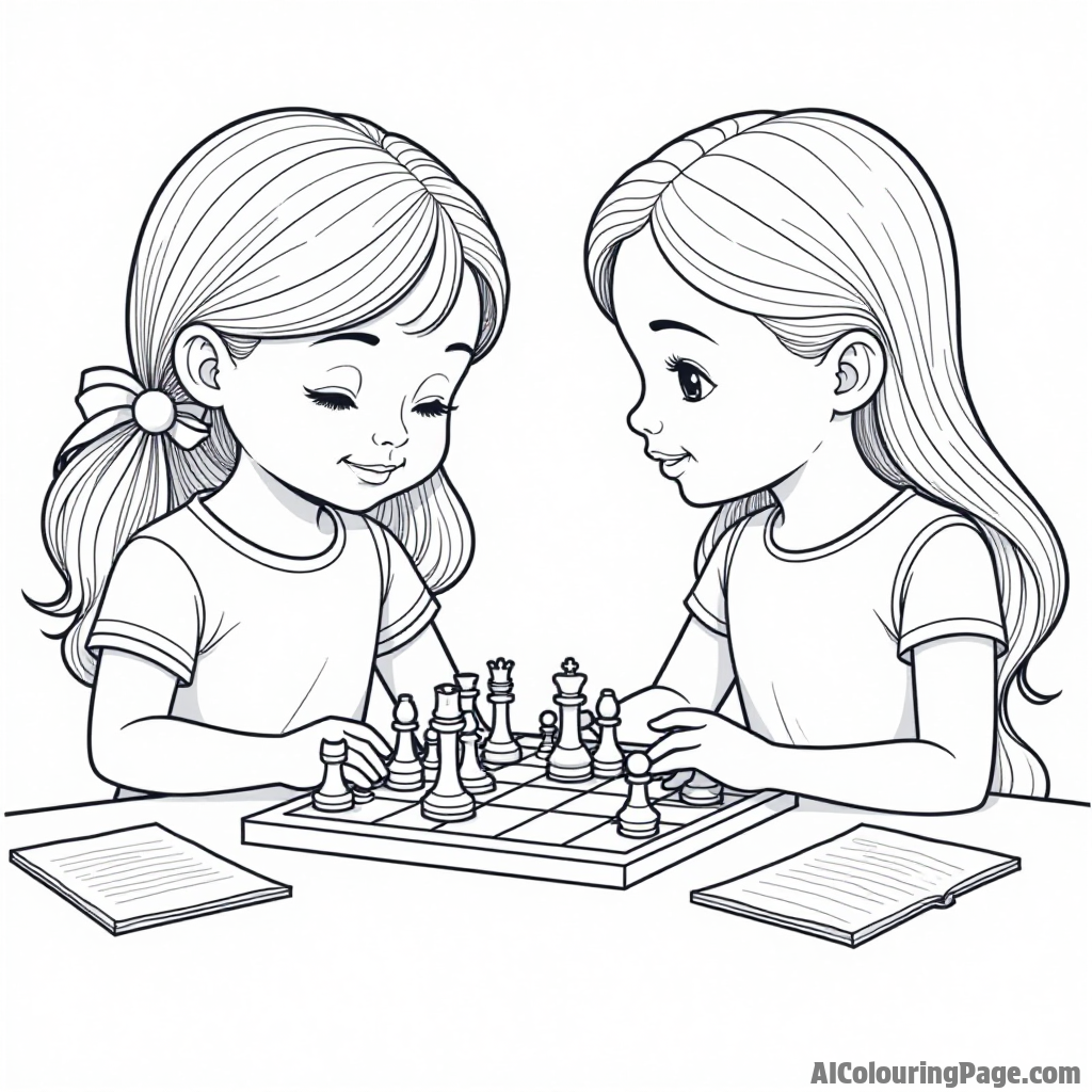 A doll playing chess with her friend, with a chessboard set up on a table, and strategy notes scattered around.