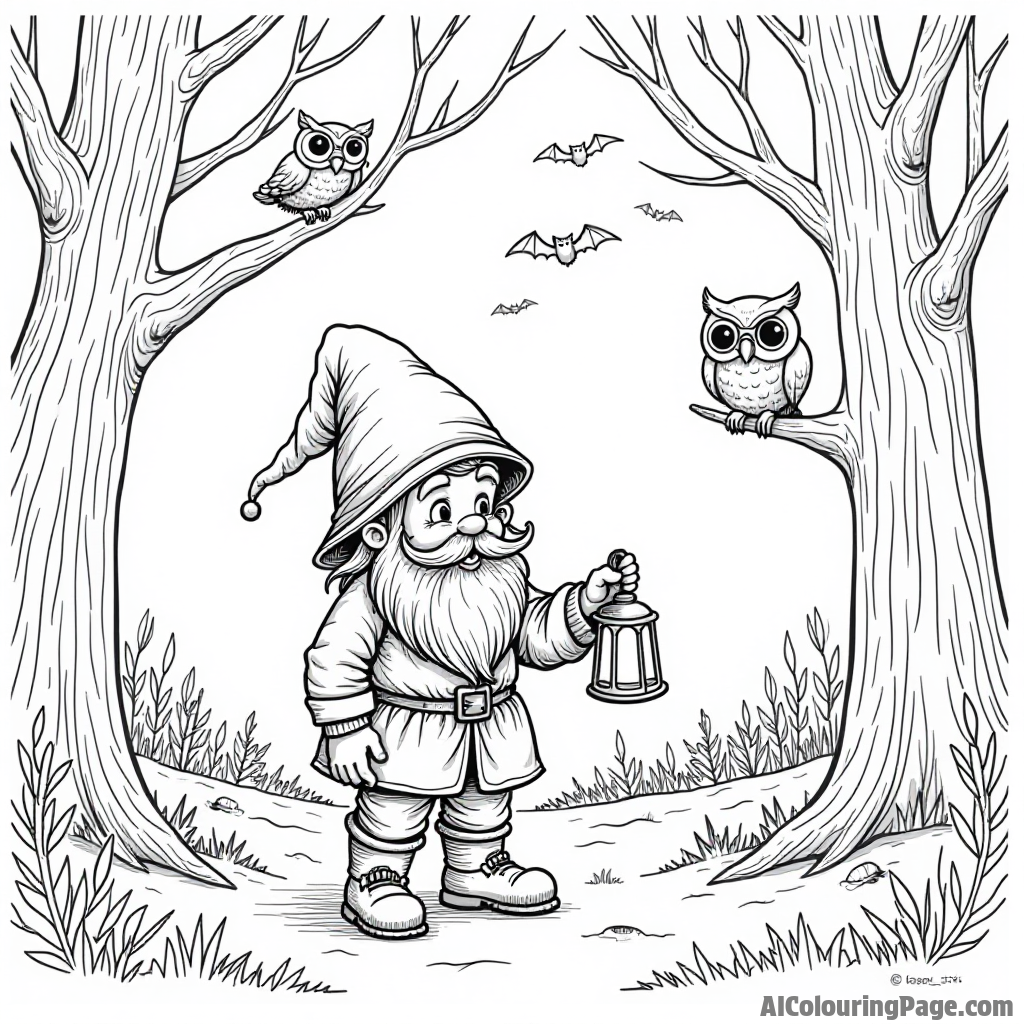 A gnome holding a lantern while walking through a spooky forest with bats and owls watching from the trees.