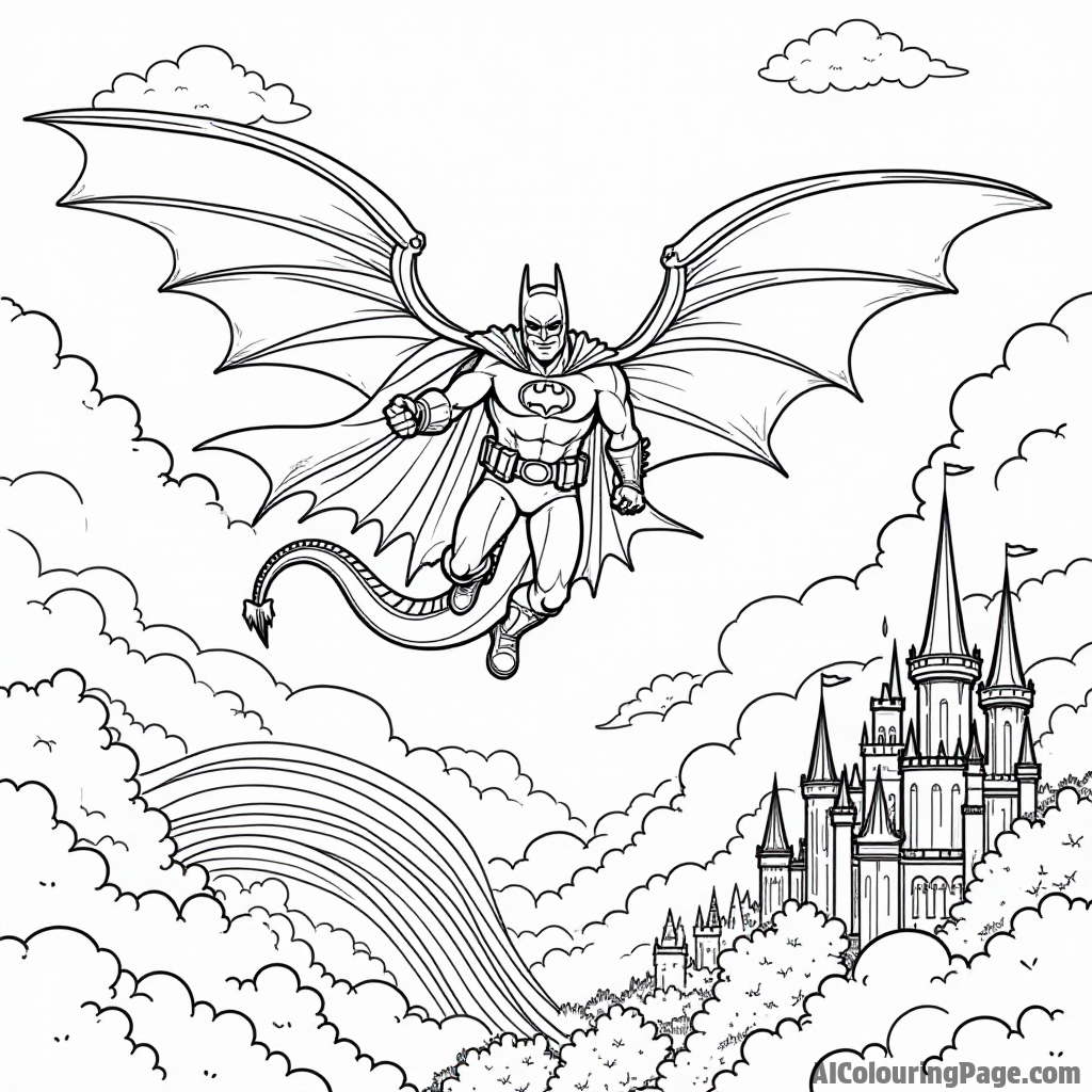 Batman and a friendly dragon flying over a magical landscape filled with rainbows, castles, and fluffy clouds.