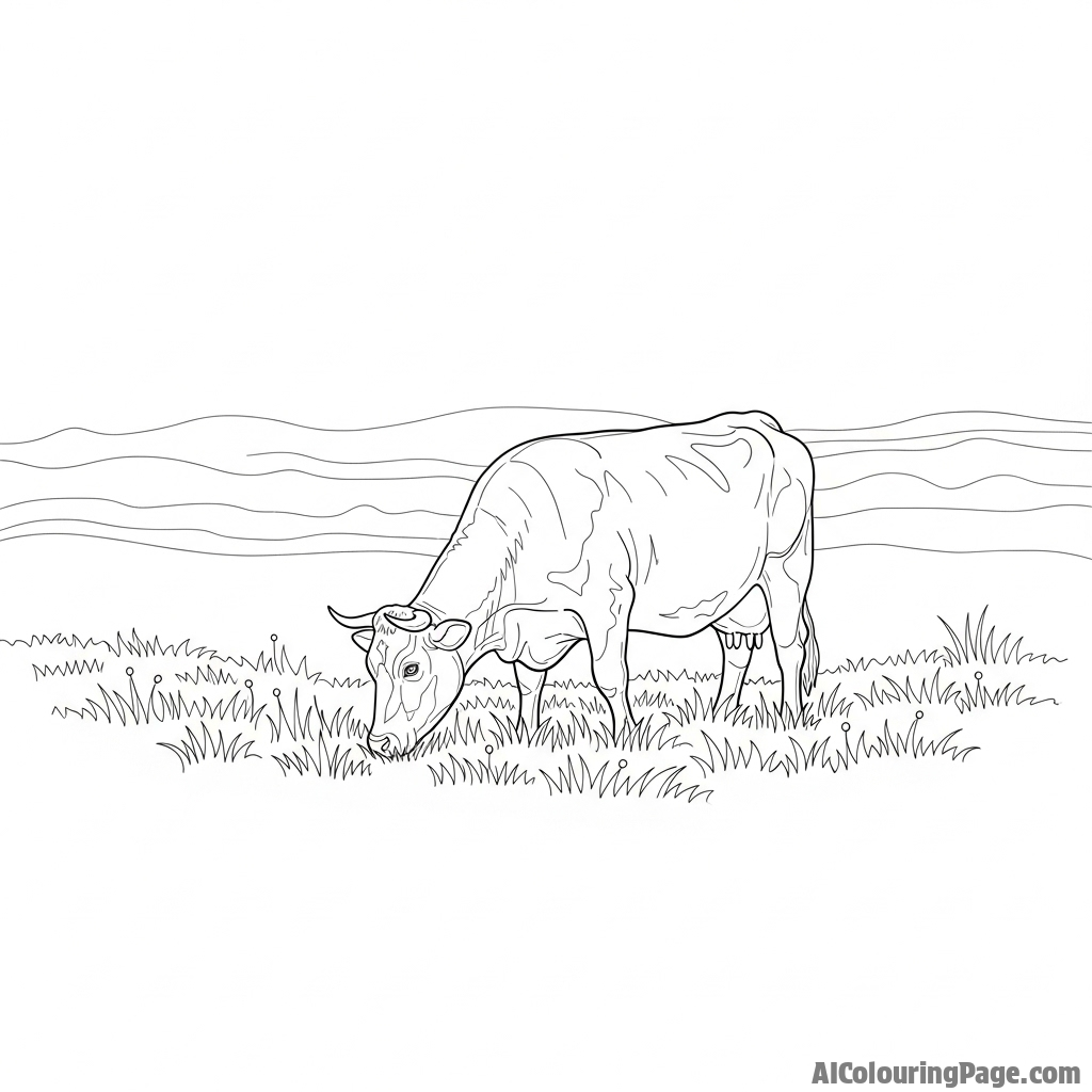 A single cow standing alone in a misty, dew-covered meadow at first light.