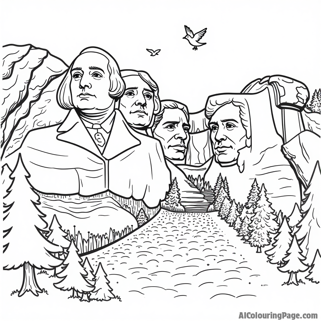 A whimsical scene of Mount Rushmore with cartoonish faces of the presidents, surrounded by trees and birds, inviting kids to color their favorite president.