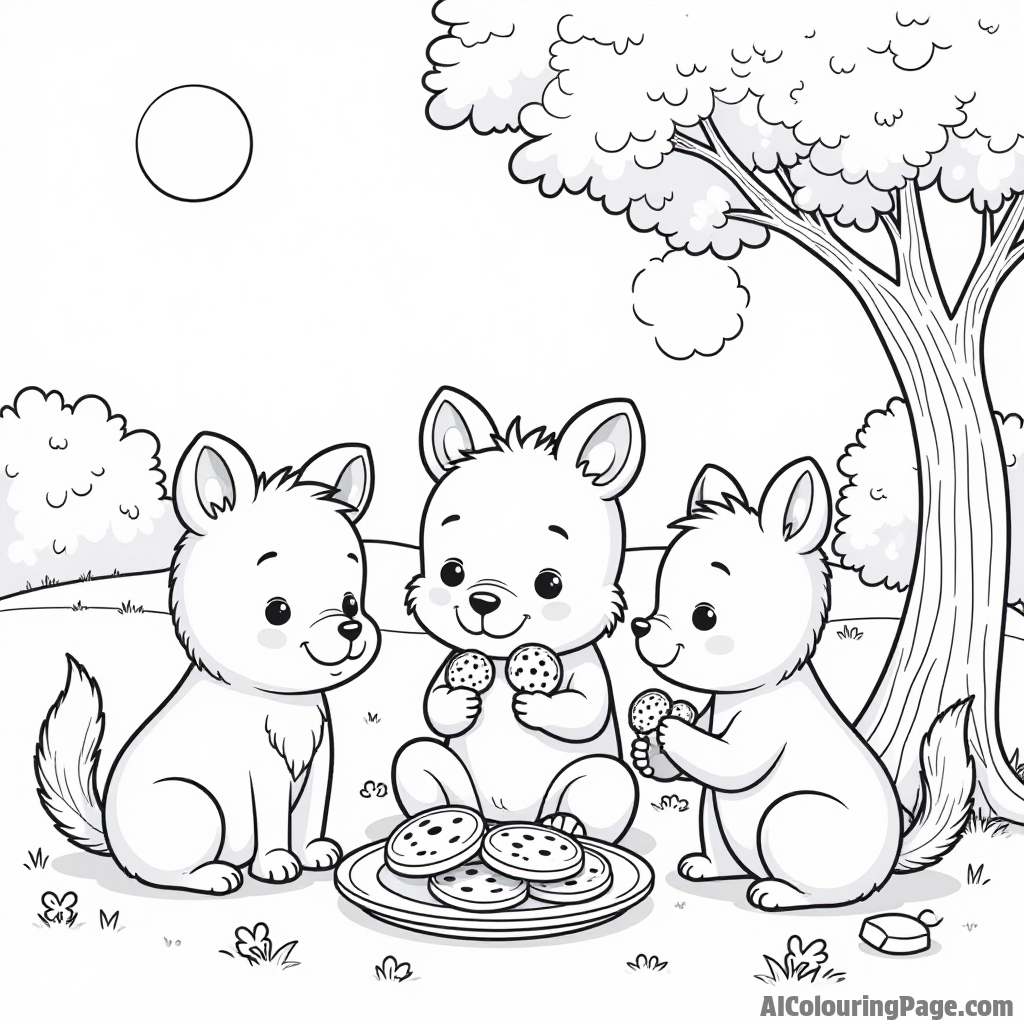 A group of adorable animal friends sharing a plate of freshly baked cookies under a tree in a sunny park.