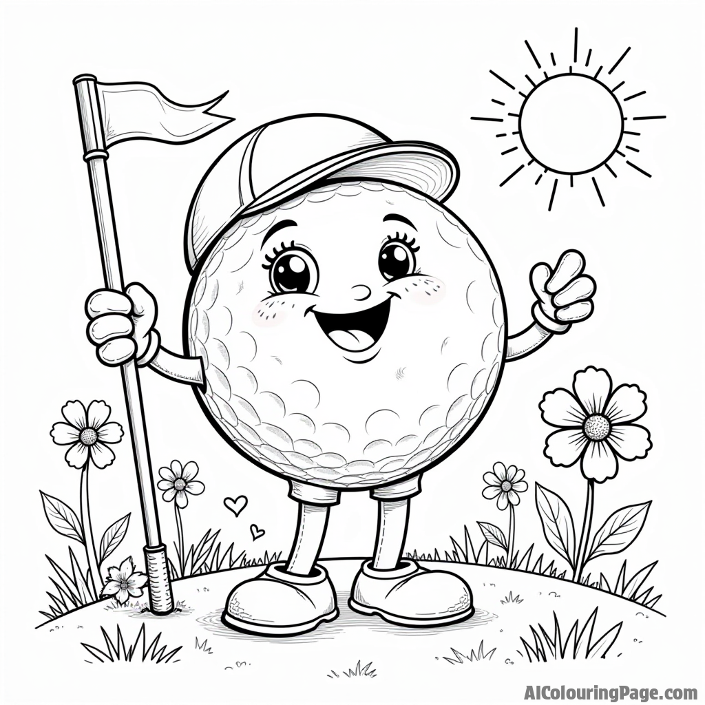 A whimsical scene of a golf ball with arms and legs, playing a round of golf with a happy face, surrounded by flowers and a smiling sun for kids to color.