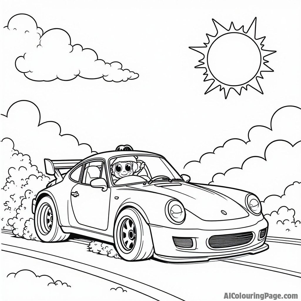 A race car with a rocket attached, ready to launch into the sky, set against a bright sun and clouds, encouraging imaginative coloring adventures for kids.