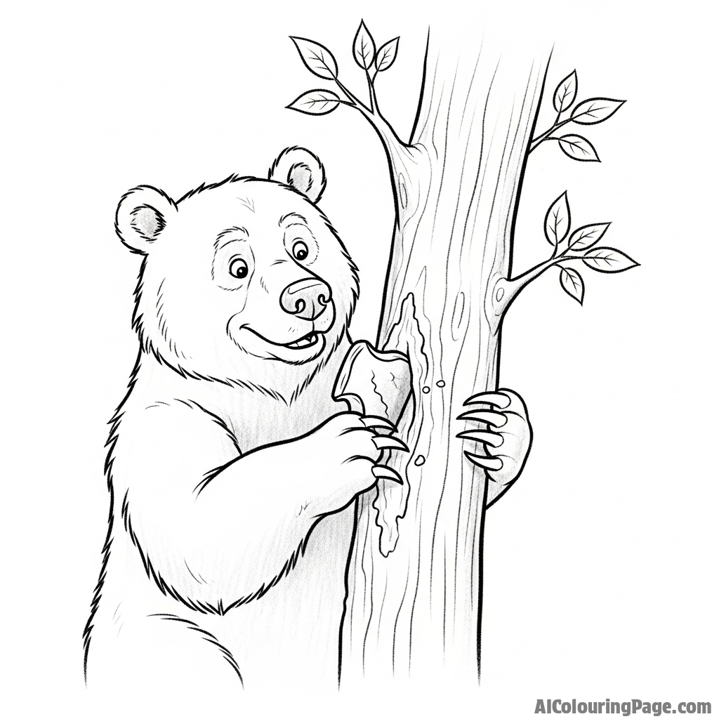 A charcoal sketch of a bear sharpening its claws on a tree trunk.