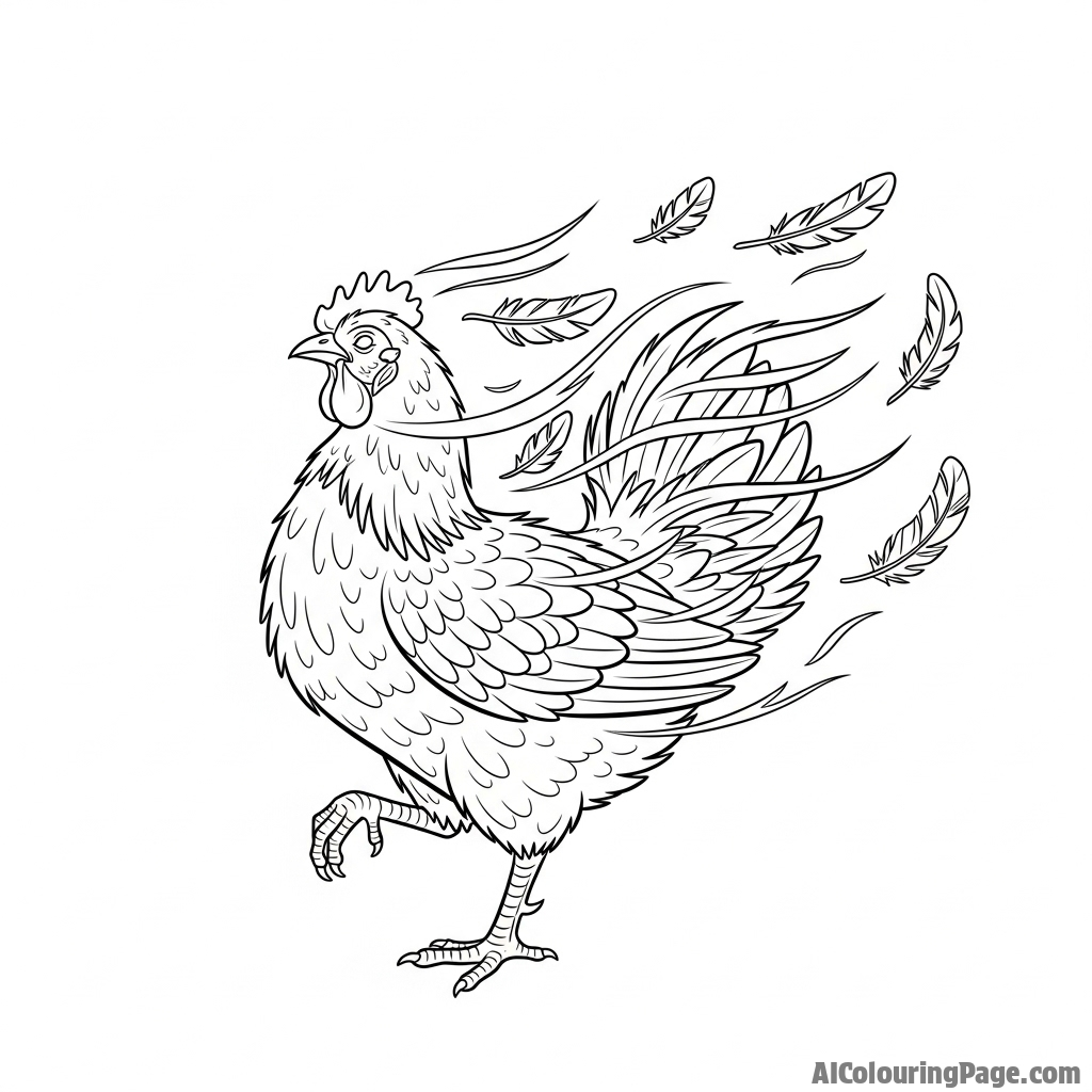 A chicken with its feathers ruffled by a strong gust of wind.