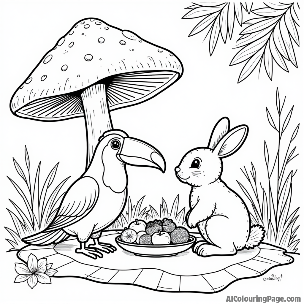 A toucan and a rabbit sharing a picnic under a giant mushroom with fruits and treats in a whimsical jungle.