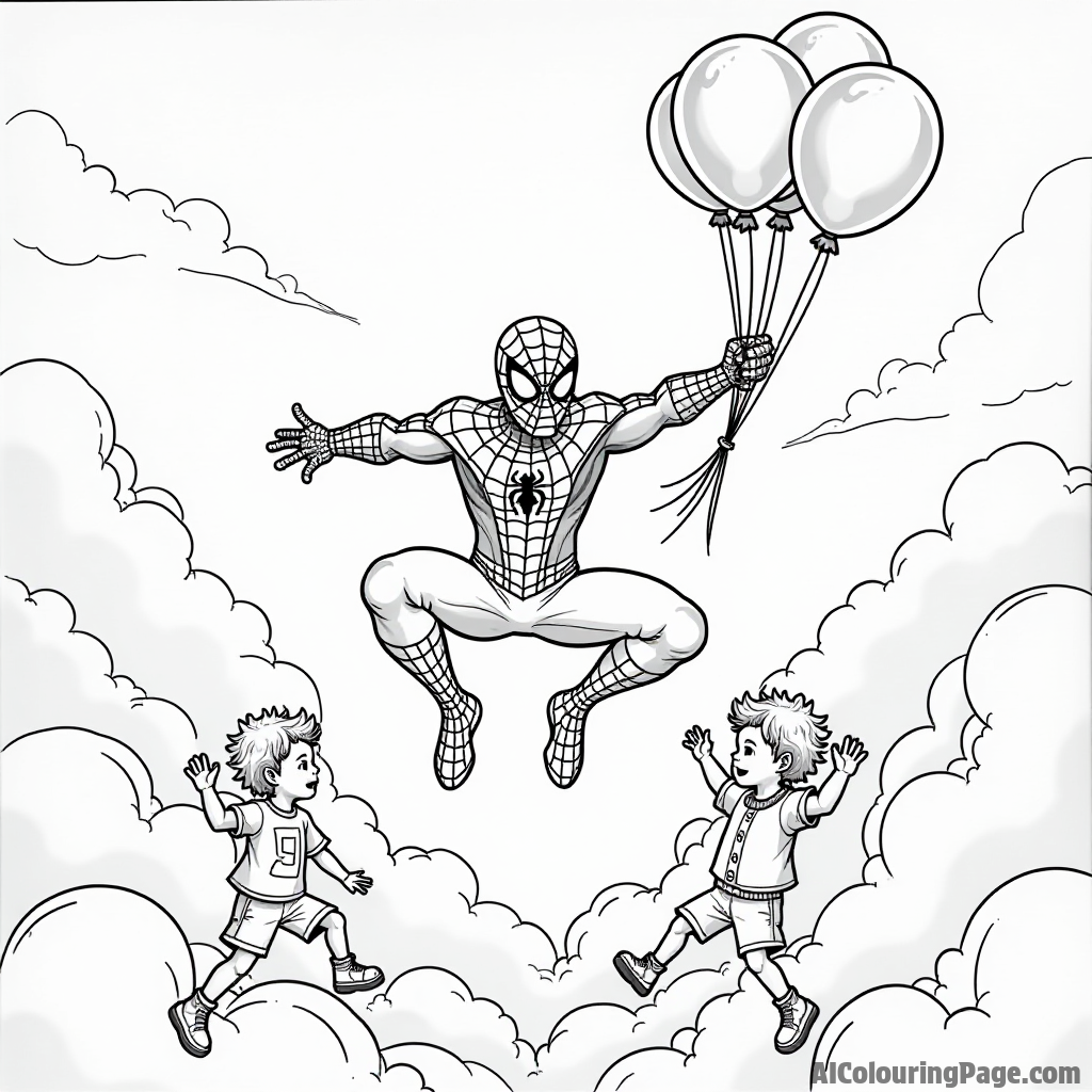 Spiderman flying through the clouds with balloons, children holding on tight, a beautiful sky all around