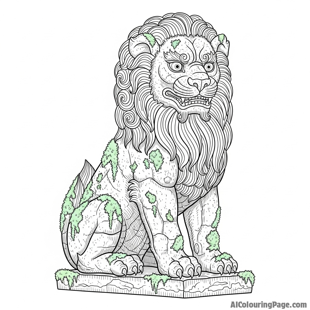 A stone statue of a lion guardian, ancient and covered in moss.