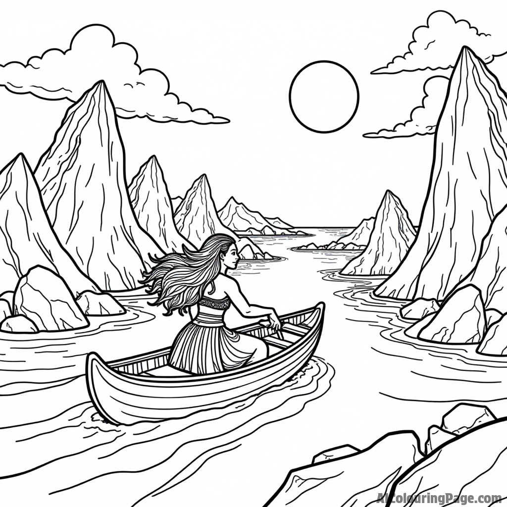 Moana navigating through a maze of rocks and islands on her canoe, with the sun shining brightly above.