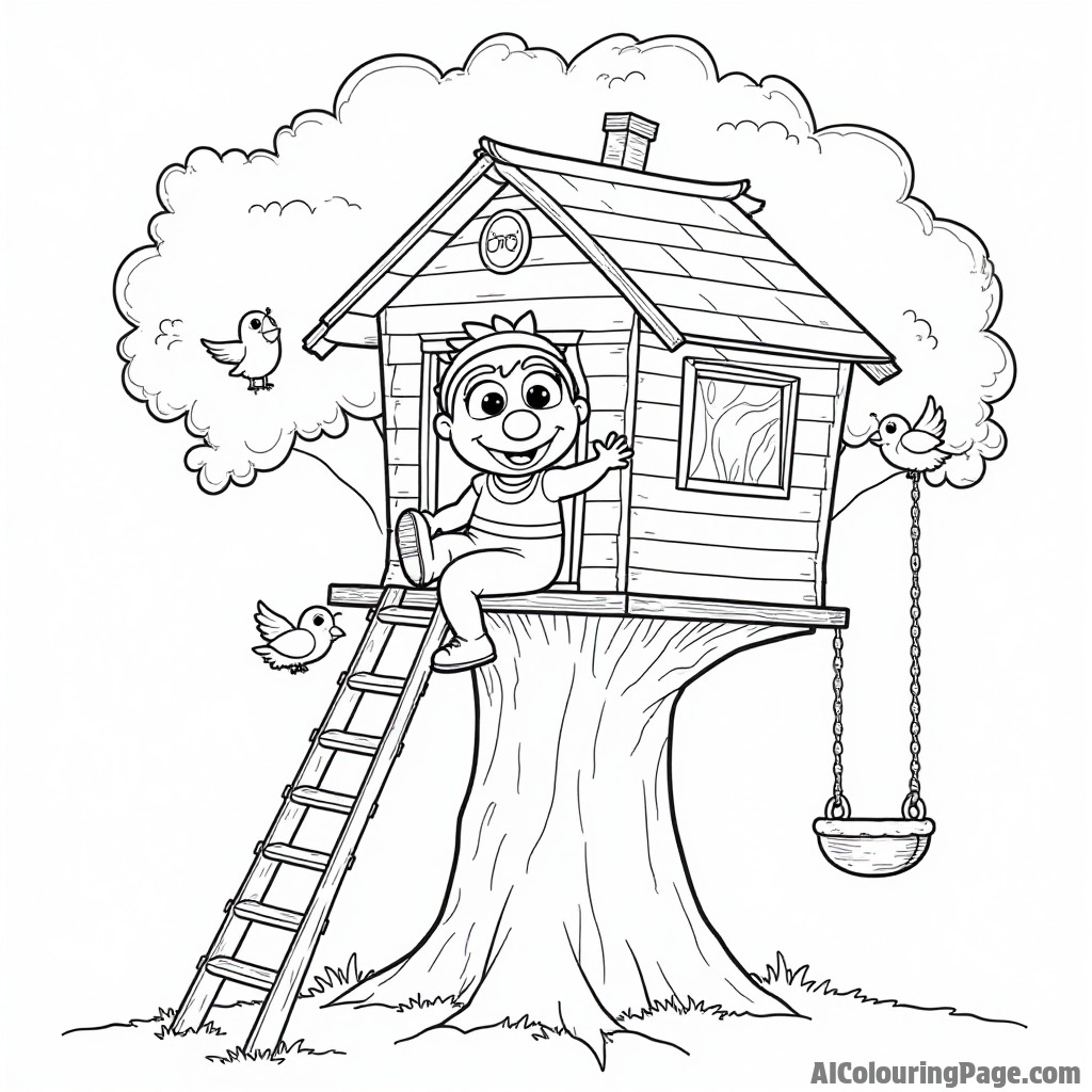 A Muppet baby playing in a treehouse, with a rope ladder, swings, and birds chirping happily nearby.