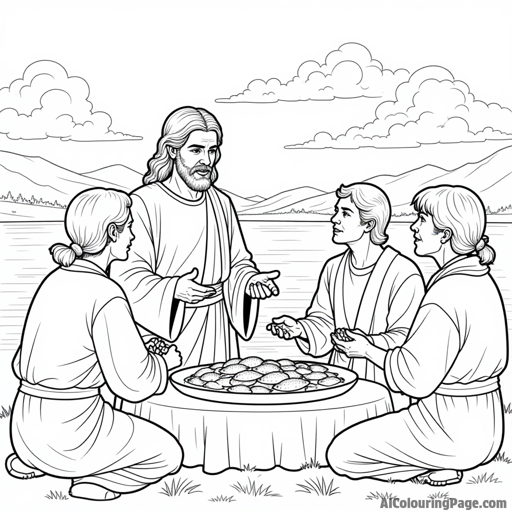 Jesus sharing bread and fish with a diverse group of people, serene lake in the background, soft clouds above