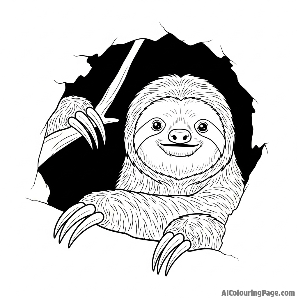 A dramatic, high-contrast photograph of a sloth emerging from deep shadow.